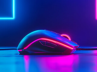 Gaming Mouse in Neon: A high-performance gaming mouse illuminated by vibrant neon lights. It's an aesthetic look to enhance your gaming experience.