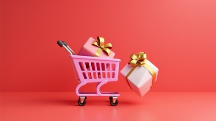 Pink Shopping Cart With Wrapped Gifts