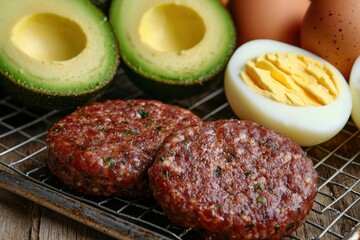 Paleo meal burger patties, avocado, and boiled eggs on wire rack atop rustic wooden surface