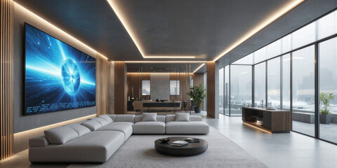 Futuristic living room in silver gray, with interactive walls that display artwork or entertainment options on demand. The furniture includes