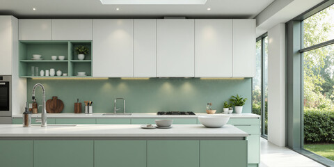 Smart kitchen in mint green with interactive surfaces for easy meal prep, AI-guided cooking assistants, and smart ovens that suggest