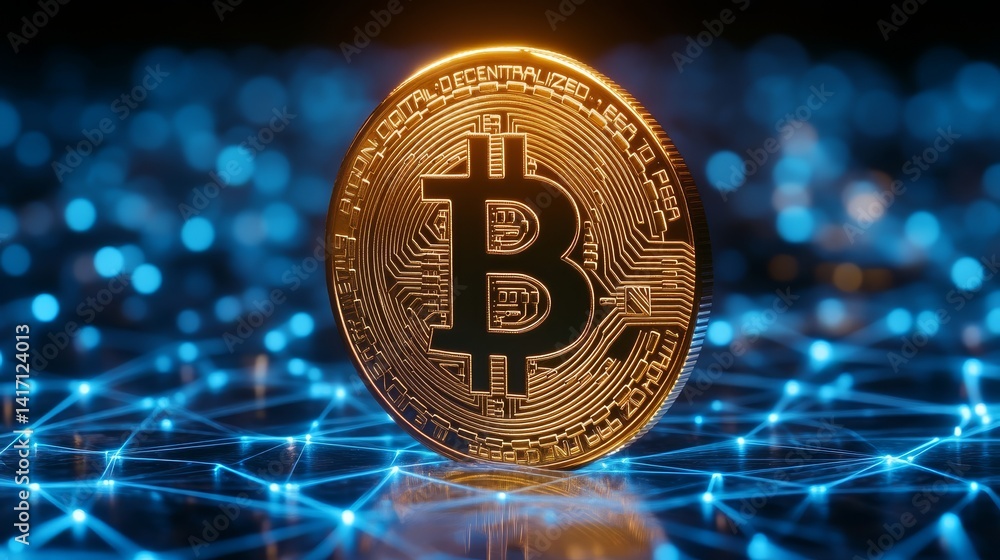 Poster bitcoin coin display digital network cryptocurrency tech environment close-up view financial concept