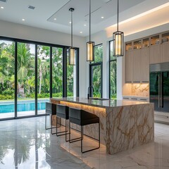 Sunny kitchen with island, stools, pendant lights, large window, pool view, light cabinets, marble floors
