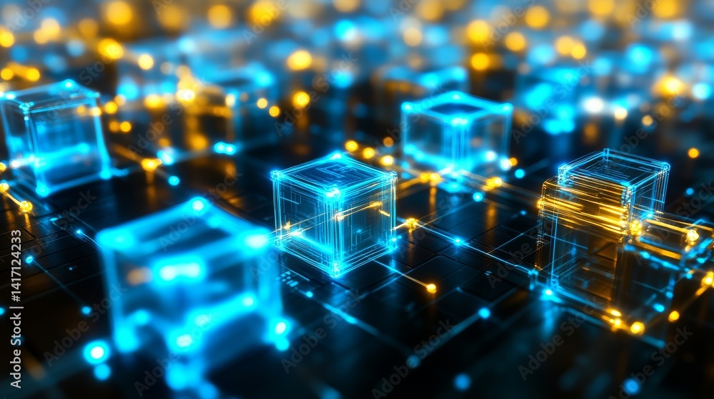 Poster exploring the future of technology through digital cubes and graphic design