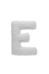 Handmade crocheted letter E in light grey yarn, isolated on white background