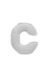Handmade crocheted letter C in light grey yarn, isolated on white background