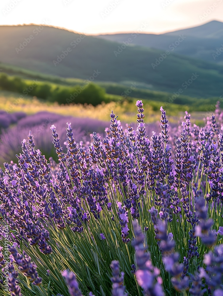 Aufkleber lavender fields in bloom with mountains in the background generative ai