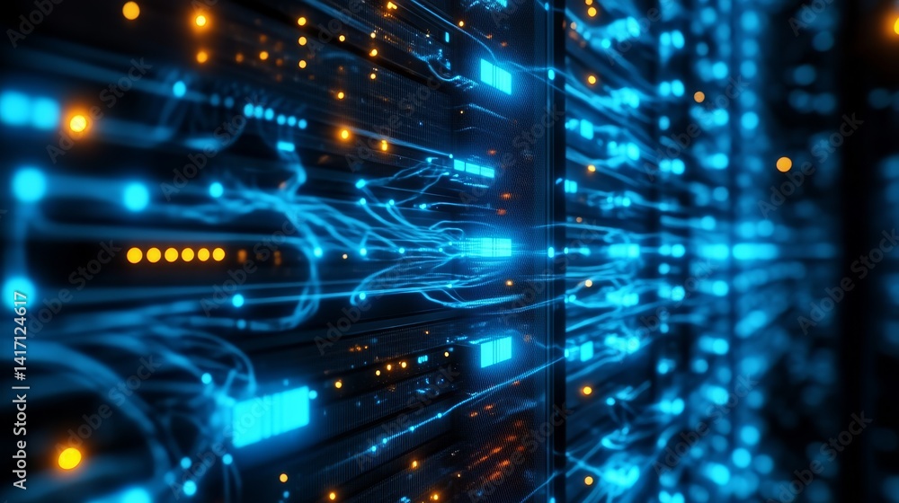 Poster data processing action in technology environment server room digital content high-tech perspective