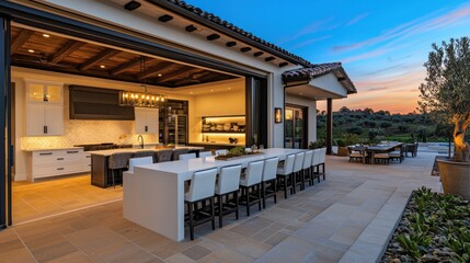 Seamless indoor/outdoor living with a kitchen opening onto a patio at sunset