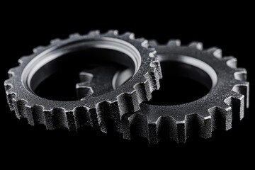 Interlocking metal gears, detailed teeth, industrial aesthetic. Solid black background