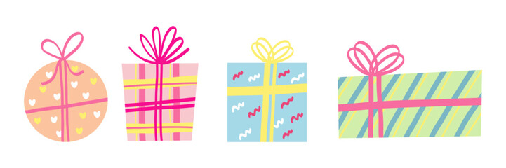 Vector set of colorful gift boxes with ribbons and patterns. Hand drawn pastel wrapped presents in various shapes. Holiday clipart for celebration, birthday, or festive design. 