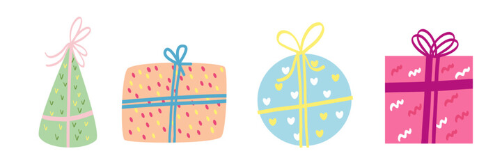 Hand drawn pastel gift boxes vector set with ribbons and decorative patterns. Colorful presents in circle, square, and cone shapes. Holiday clipart for celebration and party design. 