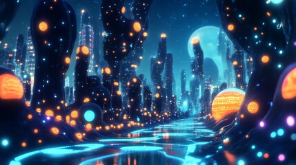 Obraz premium Futuristic Neon Cityscape: A mesmerizing perspective of a futuristic cityscape at night, pulsating with neon lights, capturing the essence of urban technology and innovation.