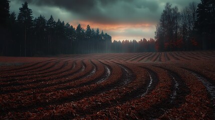 Serene Autumnal Sunset Over Plowed Field