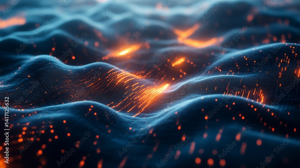 Aufkleber dynamic ocean waves with glowing particles abstract environment digital art perspective