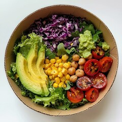 Healthy bowl with greens, red cabbage, avocado, corn, chickpeas, and tomatoes