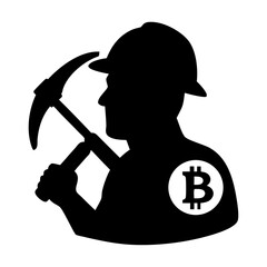 Bitcoin Miner Silhouette with Pickaxe and Hammer