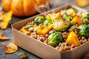Steaming autumn meal of grains, squash, sprouts, and seeds in a brown paper box