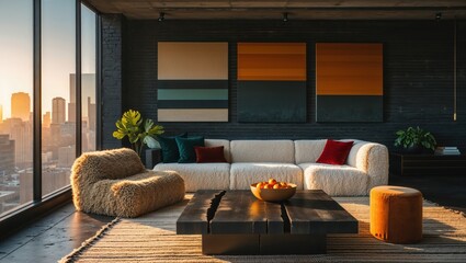 Generative AI, Modern loft living room with sunset city view