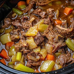 Slow-cooked stew of beef, carrots, and celery in a dark, savory broth