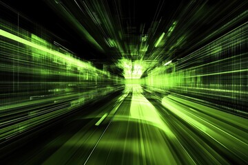 Futuristic green tunnel with dynamic lines and digital architecture
