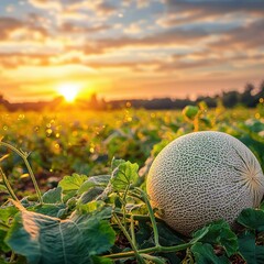 Melon patch at sunset. Leaves and distant trees visible. Bright, warm sky