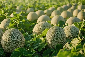 Field of cantaloupes growing, rows and green leaves