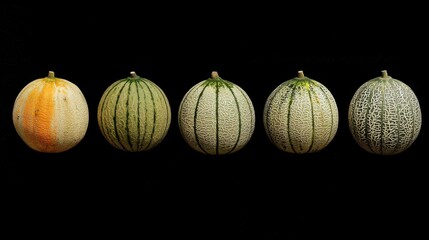 Melons Row of various cantaloupe melons, different patterns and colors. Isolated against a black backdrop