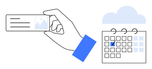 Hand holding ID card alongside calendar with selected date under cloud. Ideal for scheduling, organization, events, planning, time management, booking, cloud storage. Flat simple metaphor