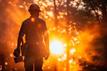 Fototapeta premium Worker observing breathtaking sunset in forest during late afternoon