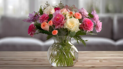 Bright floral bouquet in glass vase on wooden table.

