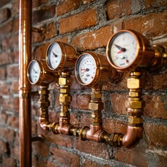 Pipes & gauges mounted to aged brick wall, copper metal, valves, connection points