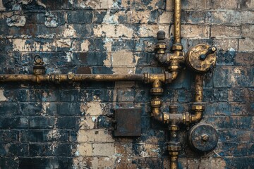 Aged brick wall with intricate, tarnished metal pipes and fittings