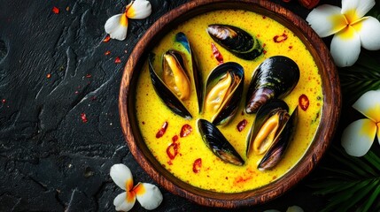 Mussels in golden broth. Flowers and dark background. Close-up, vibrant colors, enticing