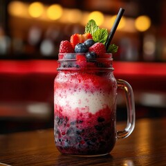 Berry smoothie layered in a mason jar, garnished with fresh berries, mint, and straw