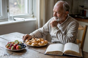 elderly man sitting at a rustic wooden kitchen table. He is thoughtfully gazing at a plate of vibrant, colorful fresh fruits &ndash; strawberries