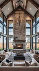 Obraz premium industrial living room with minimalist decor high ceiling stone wall black beige color palette and large windows premium photo inspiration