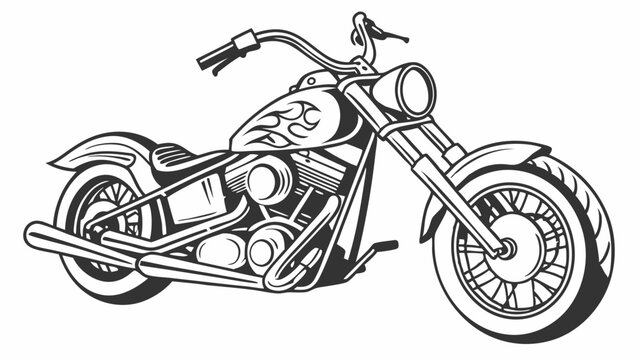 A hand-drawn black and white sketch of a chopper-style cruiser motorcycle with extended front forks and flame decals