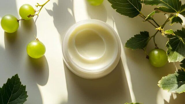 A nourishing jar of grapeseed cream surrounded by fresh green grapes and vine leaves, captured in natural sunlight to emphasize themes of skincare, wellness, and organic beauty.