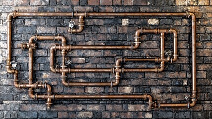 Copper pipes adorn brick wall. Industrial design
