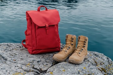 Red bag and work boots sit on rocks by water. Ready for adventure