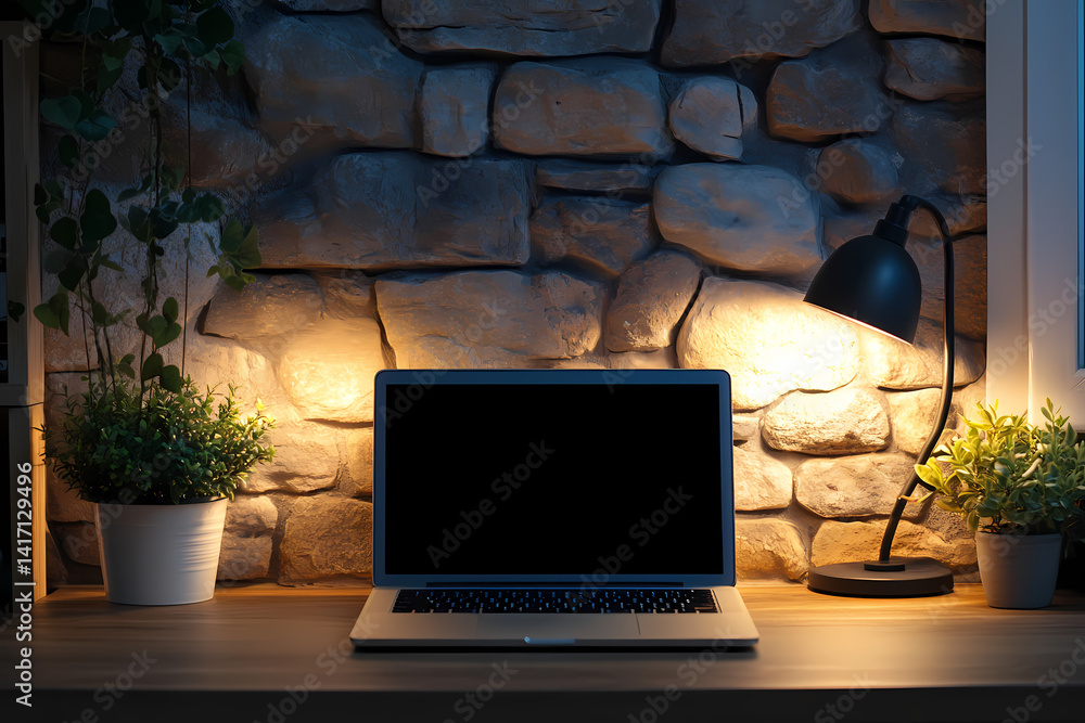 Poster cozy workspace with laptop: an inviting workspace illuminated by the warm glow of a desk lamp. a lap