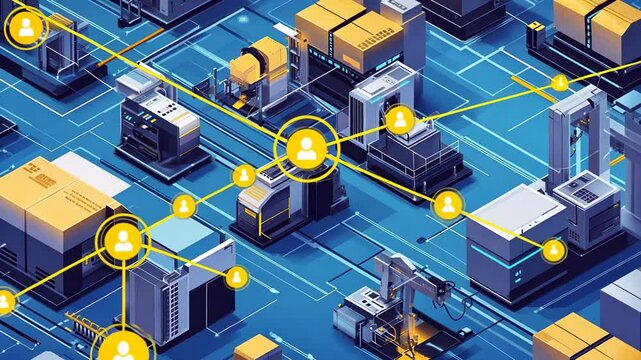 Automated factory production line isometric view