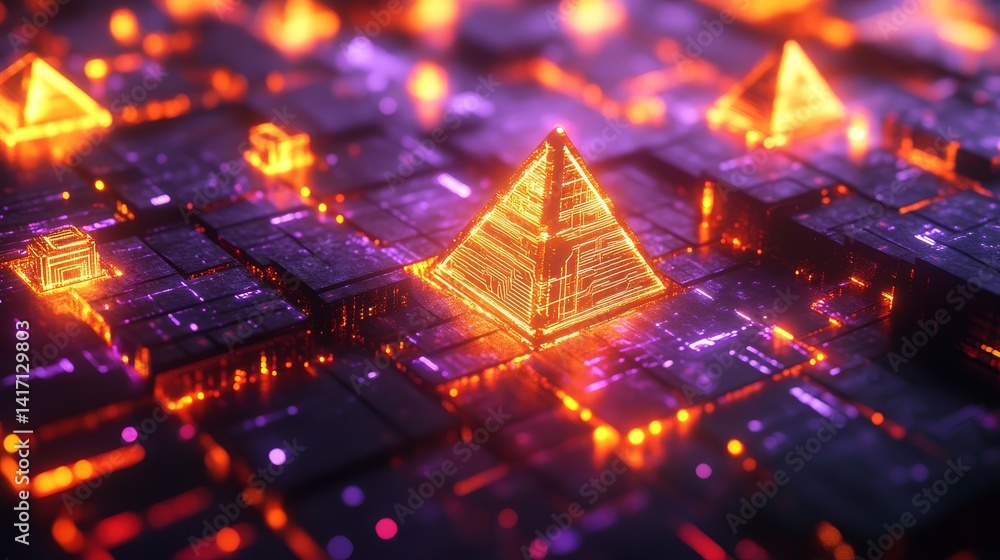 Aufkleber illuminated pyramid structures digital landscape 3d render futuristic environment abstract concept