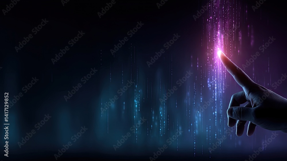 Poster a fingertip connects with a vibrant digital interface representing data flow and advanced technology