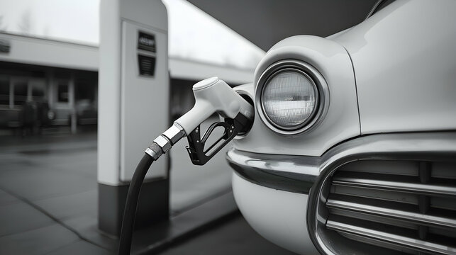 Black and White Classic Car at a Gas Station - Powered by Adobe