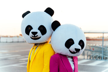 Storytelling image of a couple wearing giant panda head