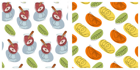 Mulled wine in Glass cup, Cinnamon stick, fruit or citrus slices with rind Seamless Pattern Cozy Set