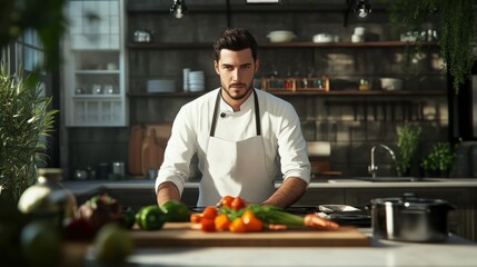 Chef Preparing Fresh Vegetables on Wooden Cutting Board in Modern Kitchen Setting