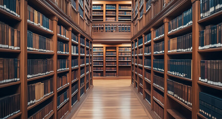 Obraz premium Library Aisle of Knowledge: Rows of bookshelves line the length of the aisle, brimming with the promise of stories, knowledge, and enlightenment.